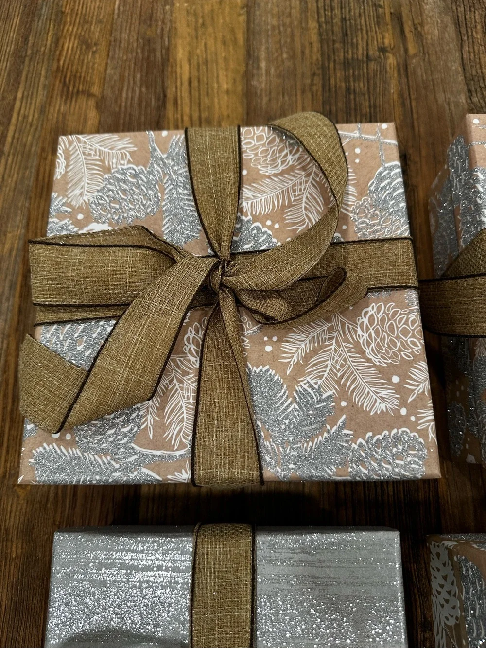 Rustic Brown & Silver Gift Boxes with Brown Ribbon - Home Party Supplies